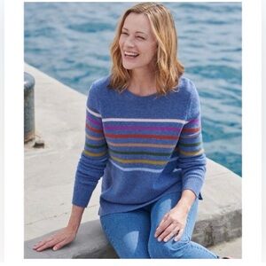 WoolOvers 100% Lambswool Women’s Blue Strips Crew Neck Sweater Long Sleeve XL